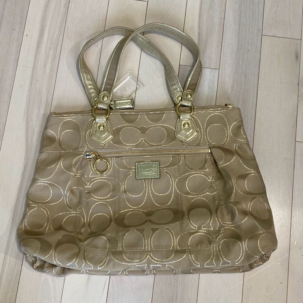 Coach Women's Poppy Canvas Monogram Signature Shoulder Bag Gold & Tan NWT